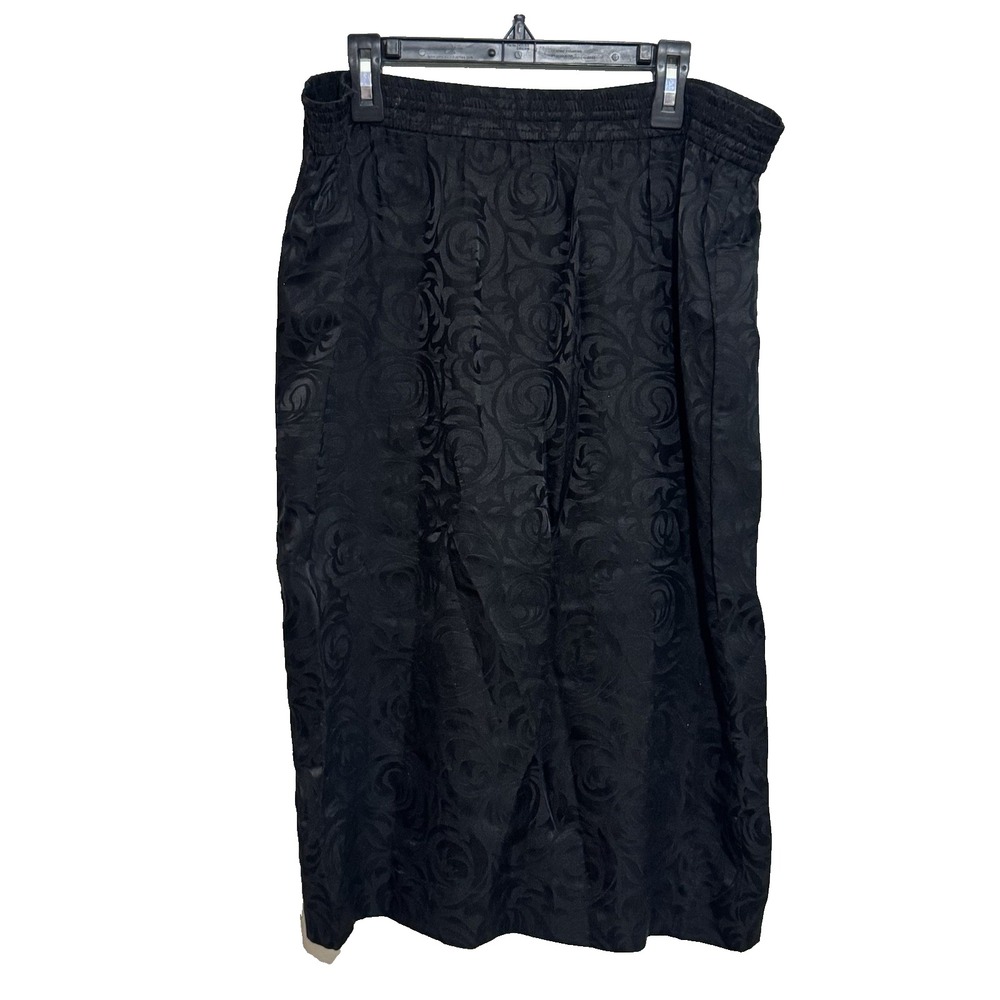 Vintage Adriana 100% Silk Skirt Sz 12 Black Midi Lightweight Pull On Brocade